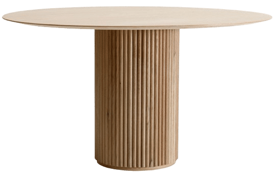 Round dining table with cream-colored top and cylindrical fluted wood base pedestal