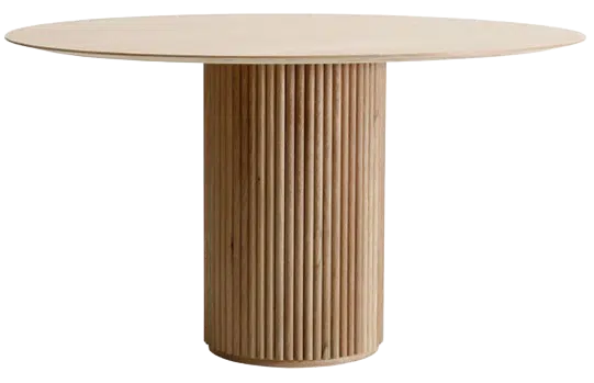 Round dining table with cream-colored top and cylindrical fluted wood base pedestal