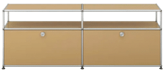 Modern low-profile credenza or media console with two beige cabinet doors, open shelf compartments above, and chrome metal frame