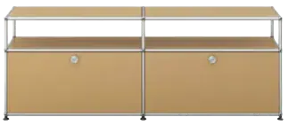 Modern low-profile credenza or media console with two beige cabinet doors, open shelf compartments above, and chrome metal frame