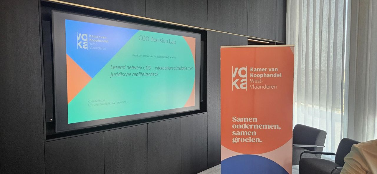 Voka Kamer van Koophandel West-Vlaanderen banner and COO Decision Lab presentation screen at Lerend Netwerk COO event hosted
