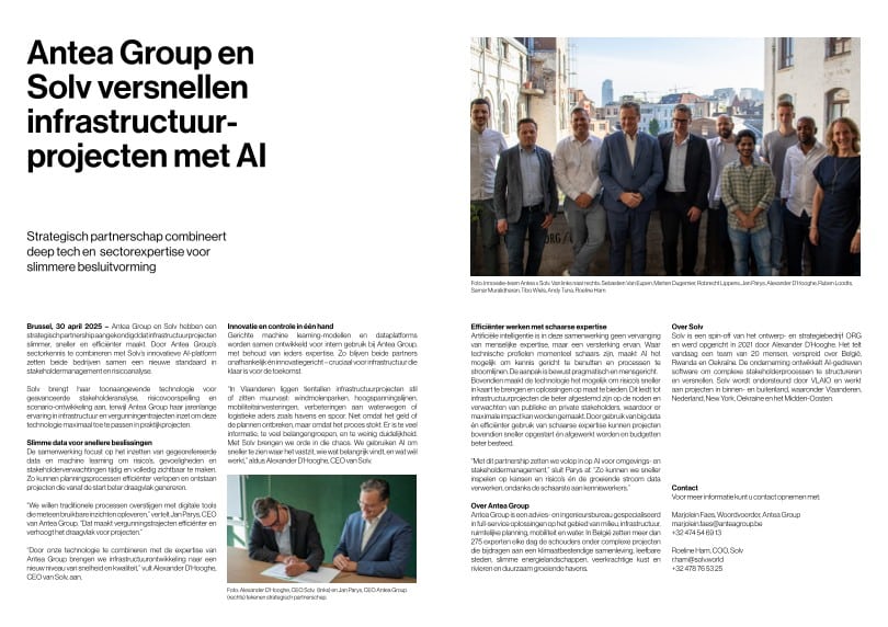 Press release: Antea Group and Solv partner to accelerate infrastructure projects with AI, featuring team photo and article t