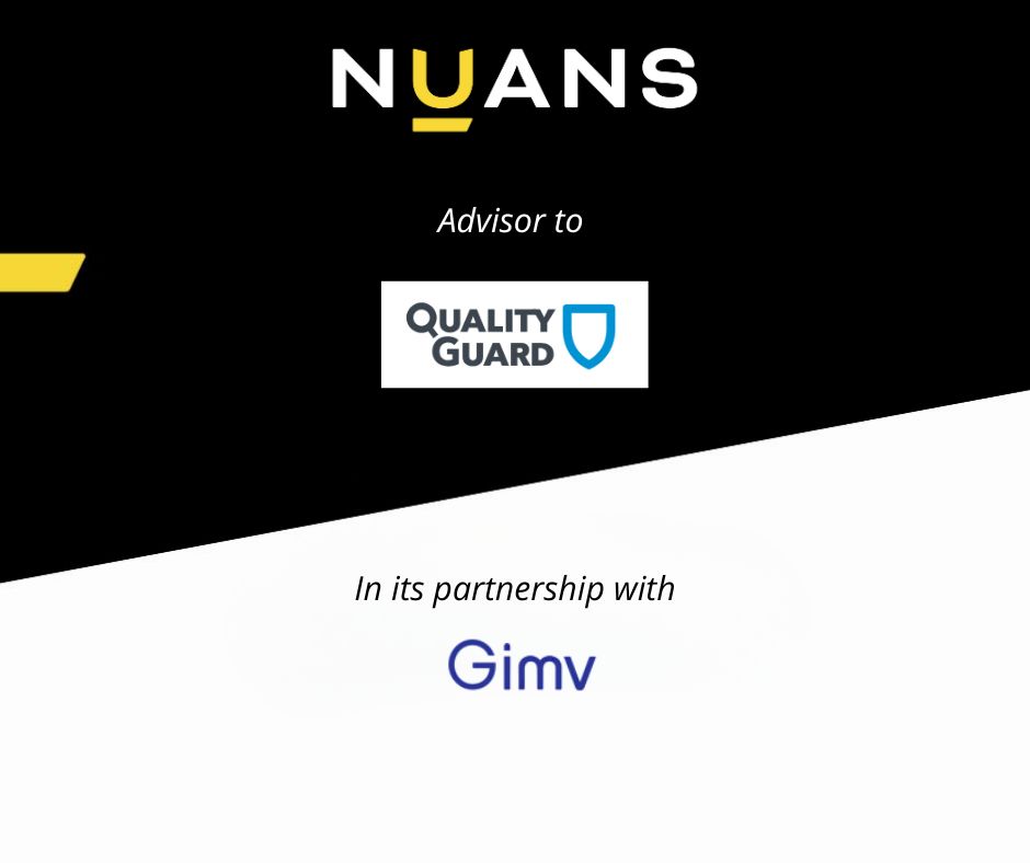 Nuans advised Quality Guard on its partnership with Gimv — transaction announcement graphic featuring Nuans, Quality Guard, a